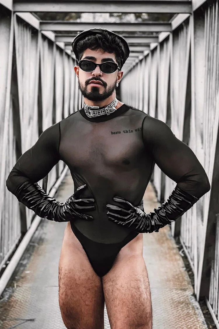 See-Through Mesh Patchwork Stretchy Slim Fit Thong Bodysuit Without Gloves [Pre-Order]