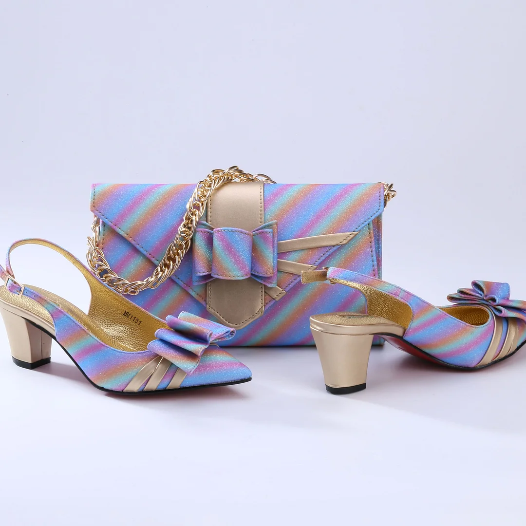 QSGFC New Coming Italian Design African Colorful Stripes Pattern Style Women Shoes and Bag Set in Orange Color for Party Wedding