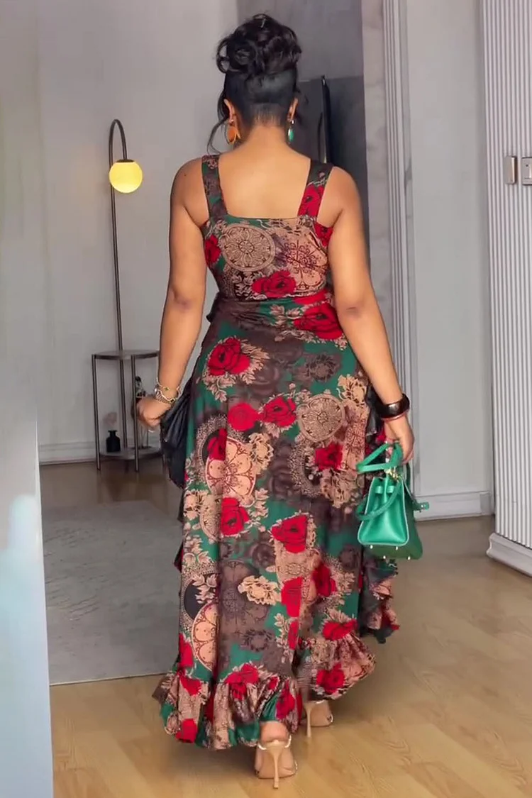 Deep V Neck Sleeveless Floral Print Ruffle Party Maxi Dresses-Red [Pre Order]