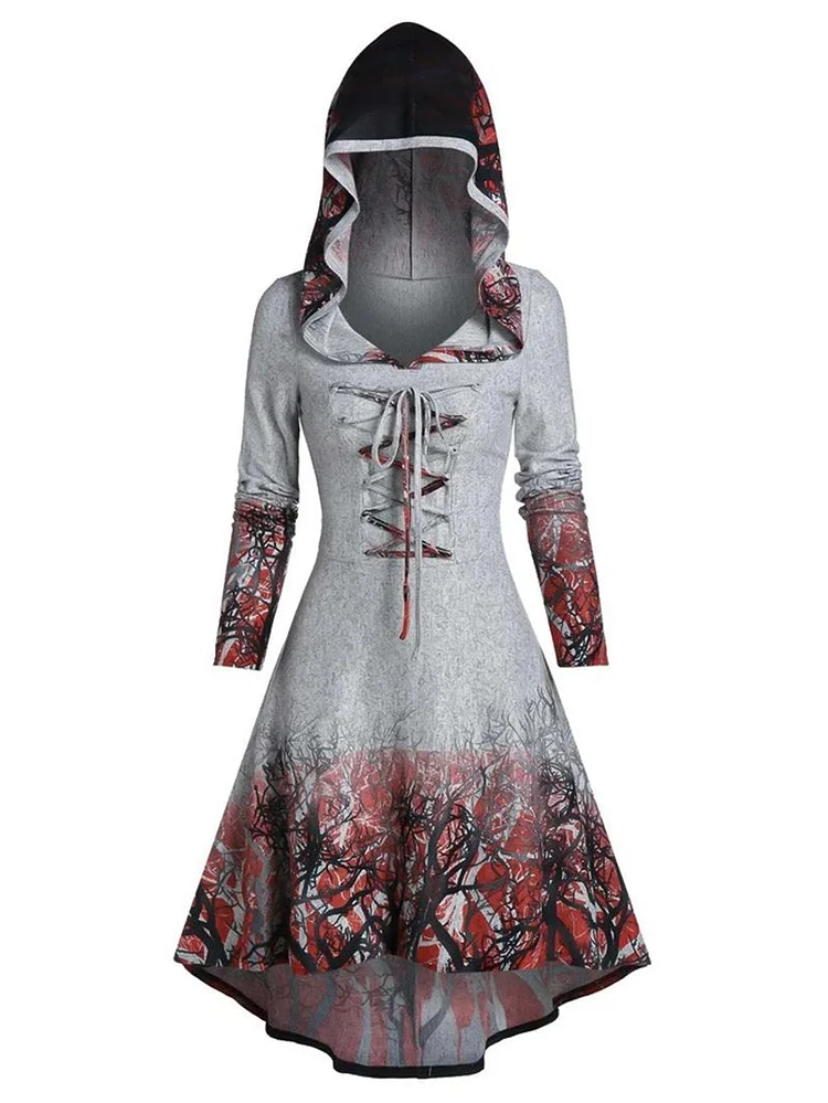 Plus size tree pattern print lace-up long-sleeved hooded irregular witch dress