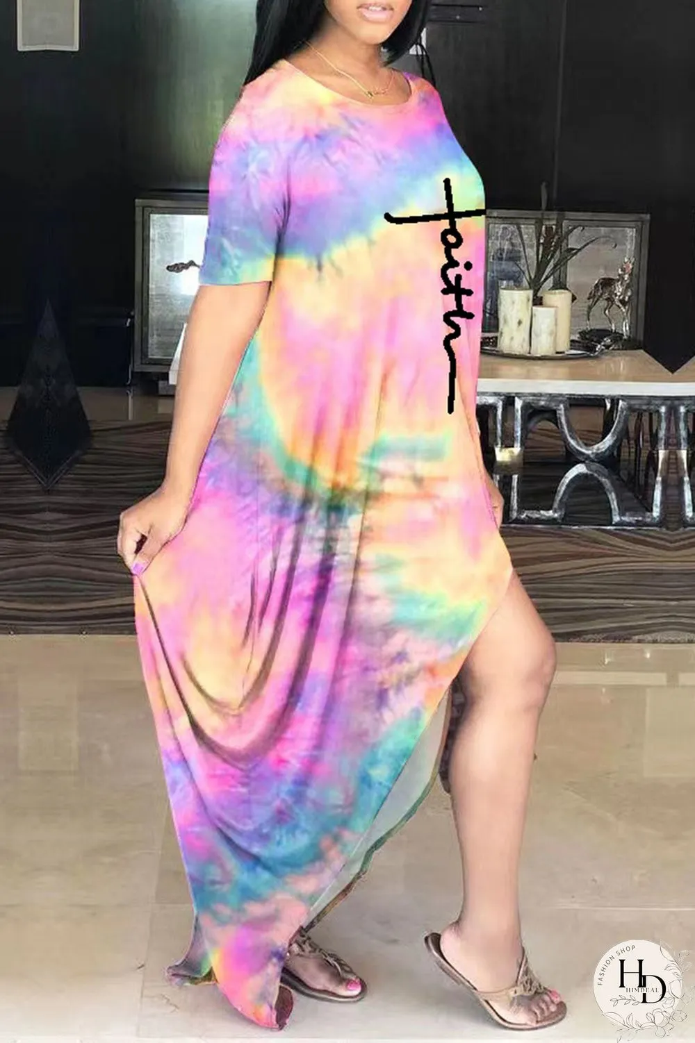 Purple Casual Print Tie-dye O Neck Short Sleeve Dress