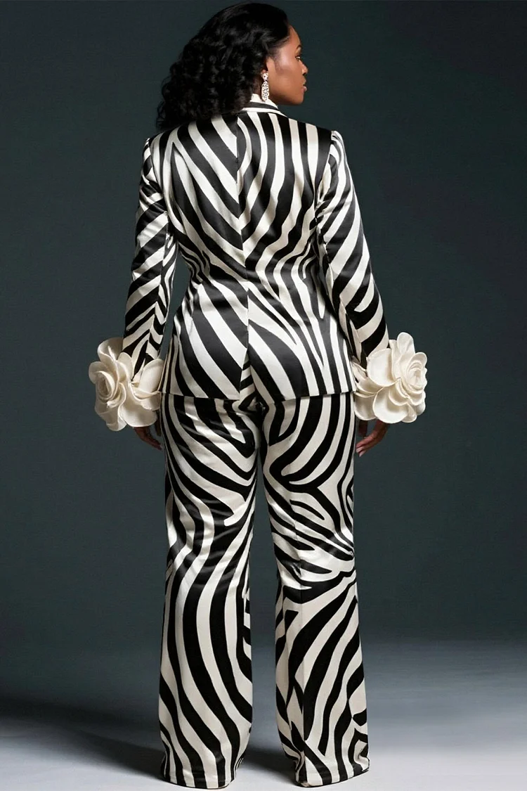 Xpluswear Design Plus Size Formal White Zebra Print Turndown Collar Long Sleeve 3D Elegant Pocket Satin Two Piece Pant Suits [Pre-Order]