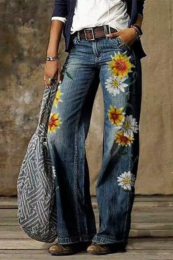 Vintage Floral Print Western Jeans