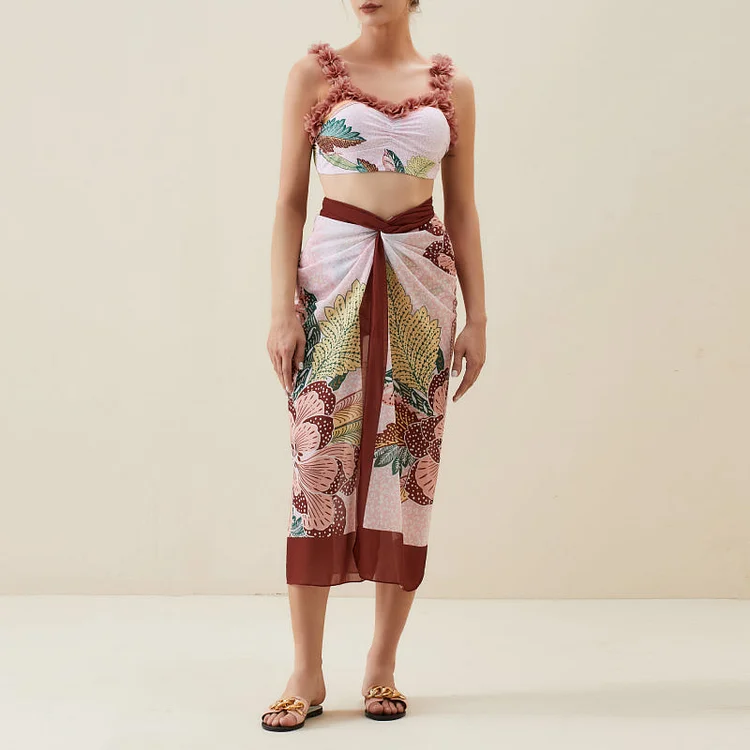Flaxmaker Appliques Printed Bikini Swimsuit and Sarong