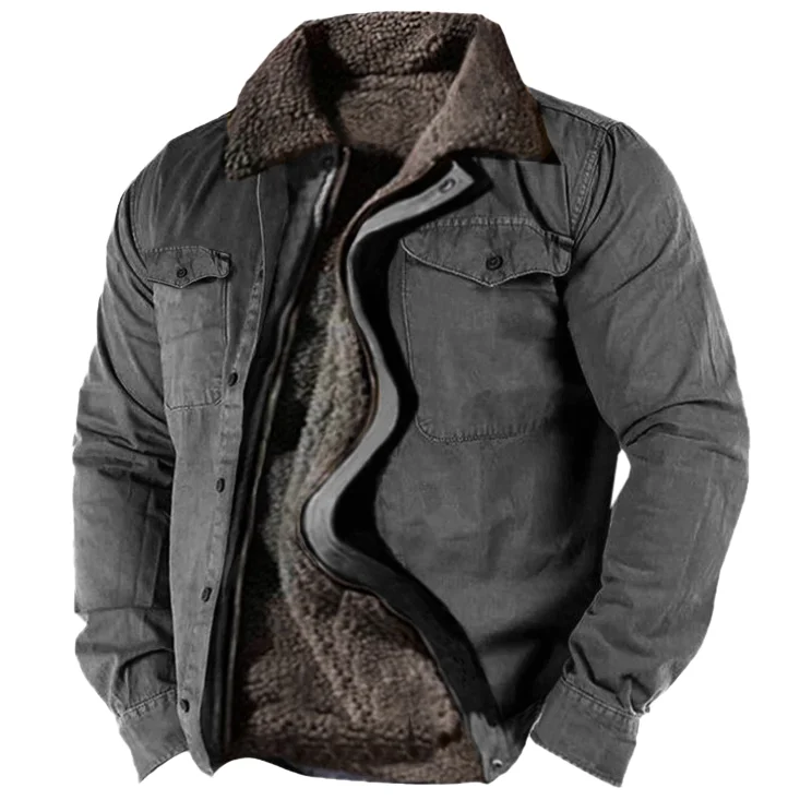 Men's Retro Lining Plus Fleece Zipper Tactical Shirt Jacket、、URBENIE