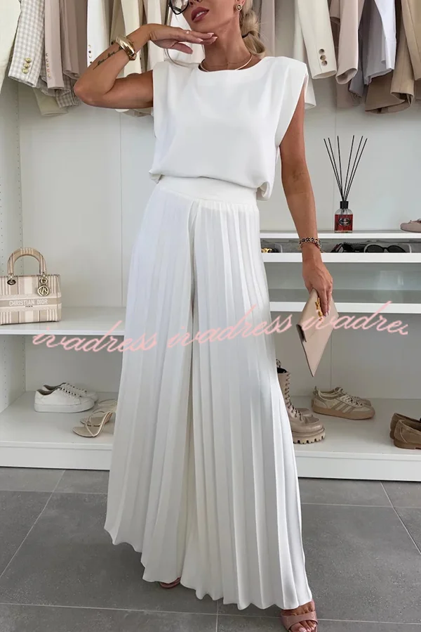 Fashionable Round Neck Shoulder Pads Top and Elastic Waist Pleated Wide-leg Pants Set