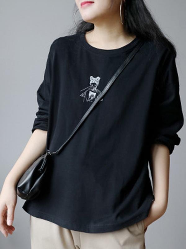 Loose Casual Printed Long Sleeve Round Neck T-Shirt