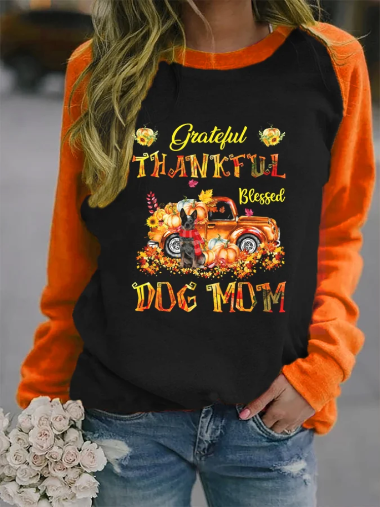 VChics Women's Pumpkin Thankful Grateful Blessed Dog Mom Maple Leaf Printed Sweatshirt