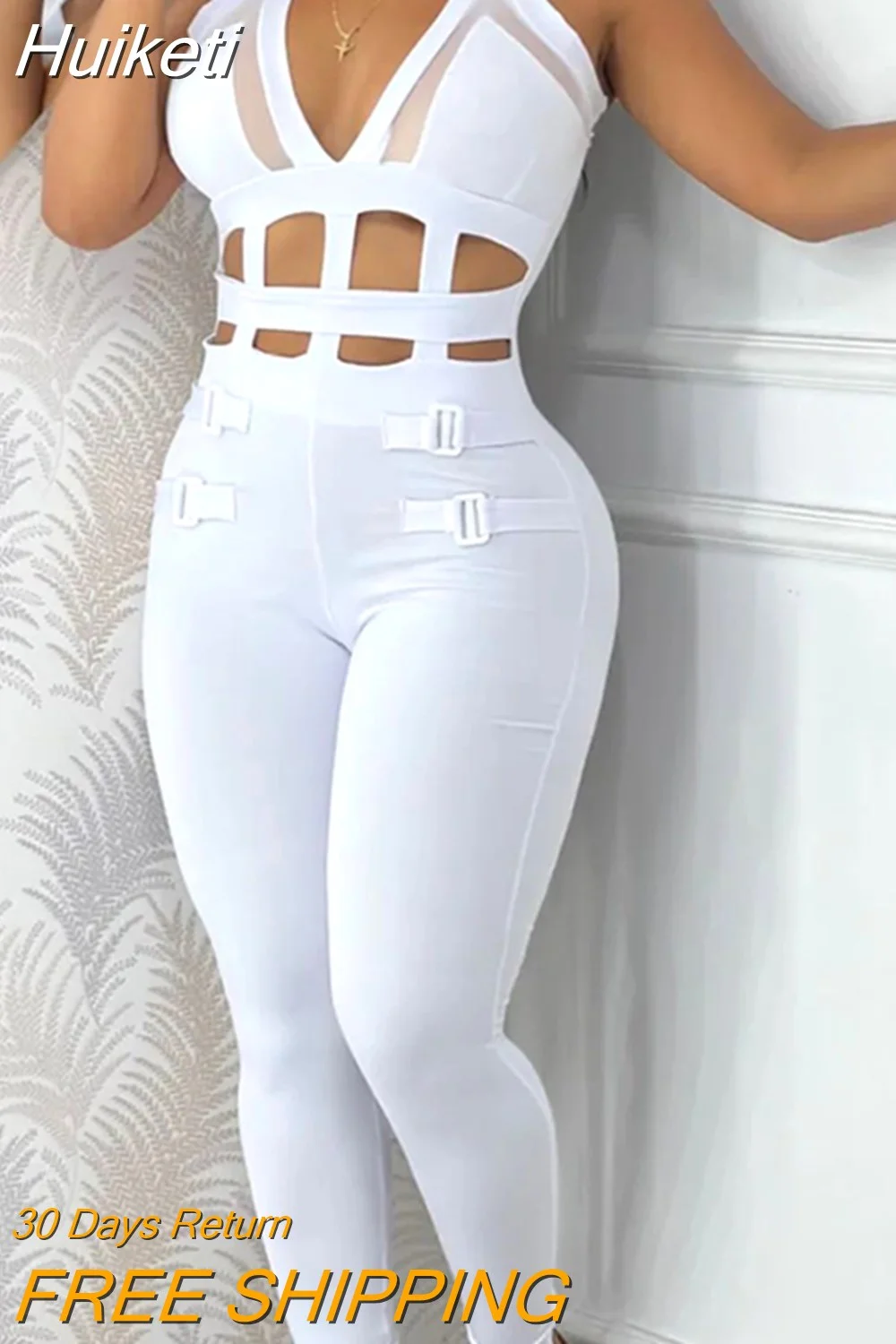 Huiketi Summer Women Hollow Out Halter Buckled Contrast Mesh Jumpsuit Sexy Slim Fit Sleeveless White One Piece Jumpsuit Female Ropa