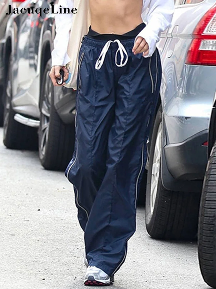 Jacqueline Summer 2022 Baggy Y2K Blue Fashion Casual Women Pants Low Waist Sweatpant Straight Trousers Street Retro Cargo Pant