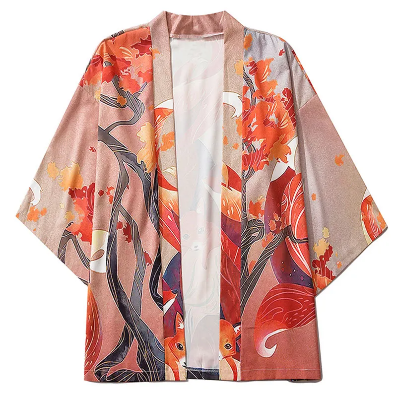 Vintage Anime Nine Tailed Fox Print Cardigan Kimono Outerwear
