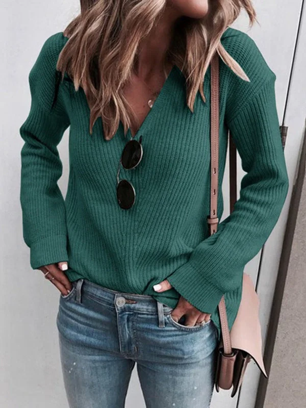 Solid Color V-neck Knitted Sweater
