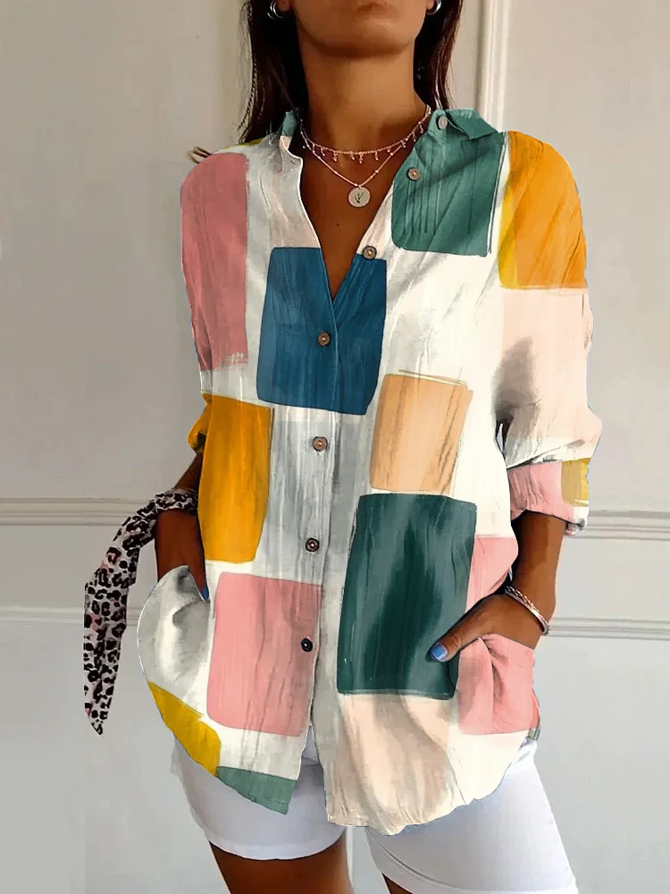 Vintage Abstract Art Print Casual Long-sleeved Shirt