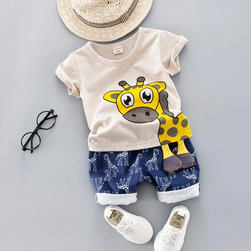 Baby Clothing Set for Boys Girls Cute Summer Casual Clothes Set Giraffe Top Blue Shorts Suits Kids Clothes 1-4 Years