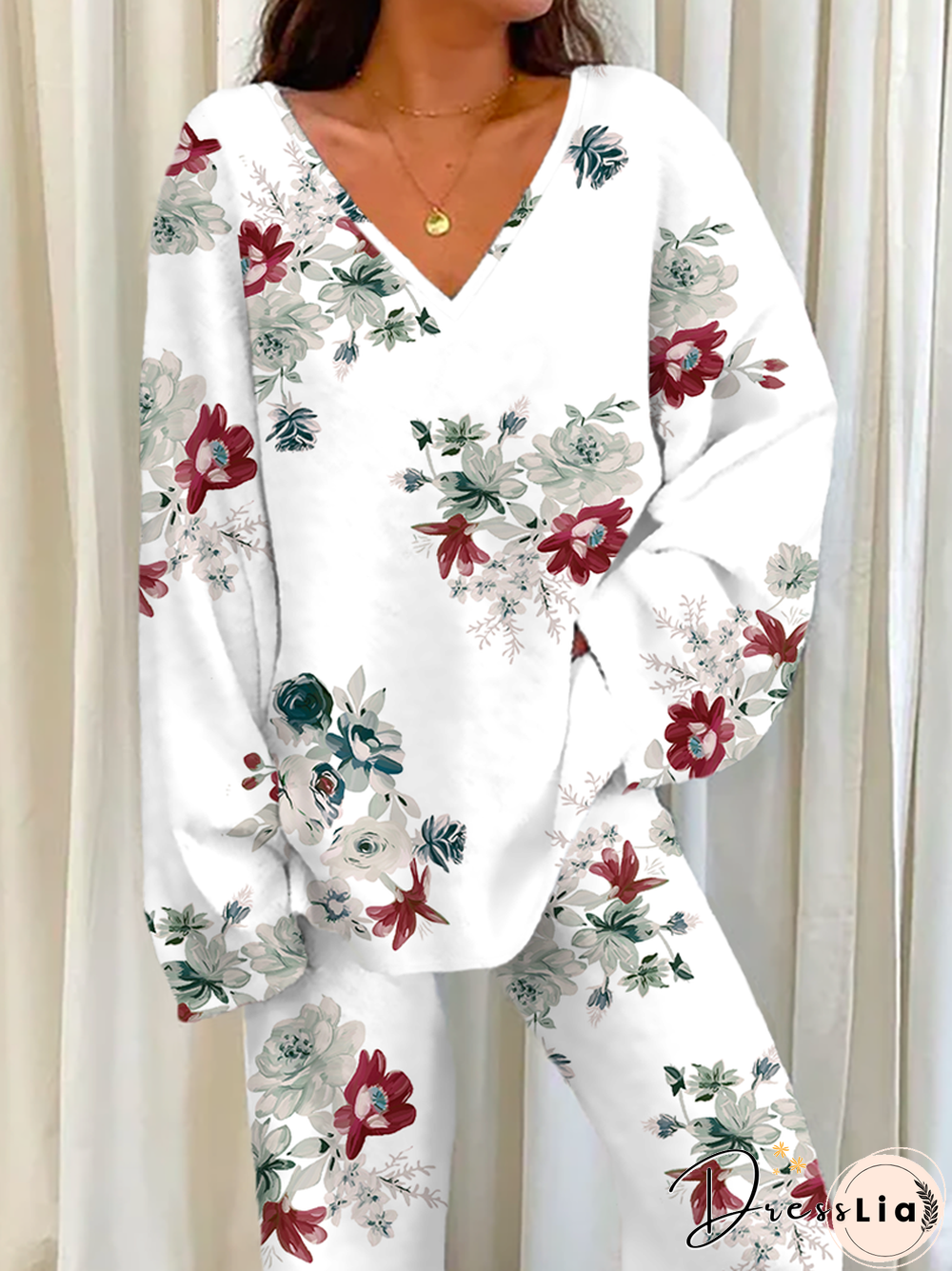 Casual V Neck Floral Two Piece Sets