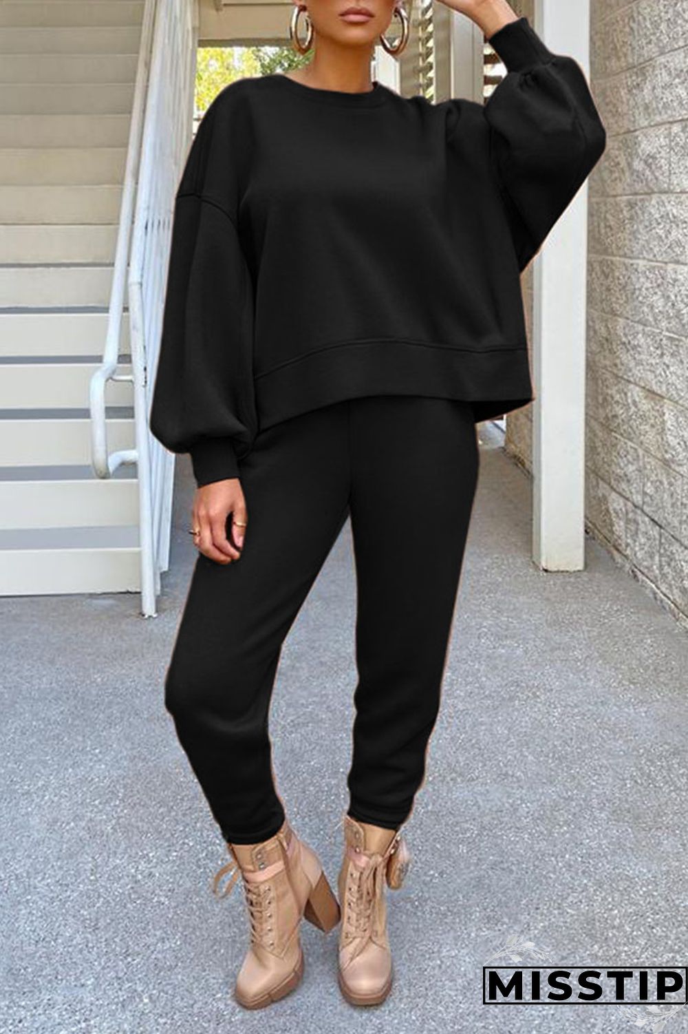 Coffee Casual Solid Patchwork O Neck Long Sleeve Two Pieces