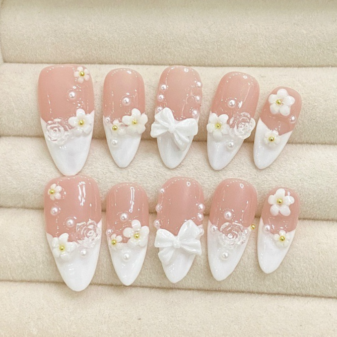 10Pcs Sweet Almond Handmade Press On Nails Full Cover 3D Bowknot Diamond Design Cat Eye False Nails Wearable Manicure Nail Tips | Xinkeke