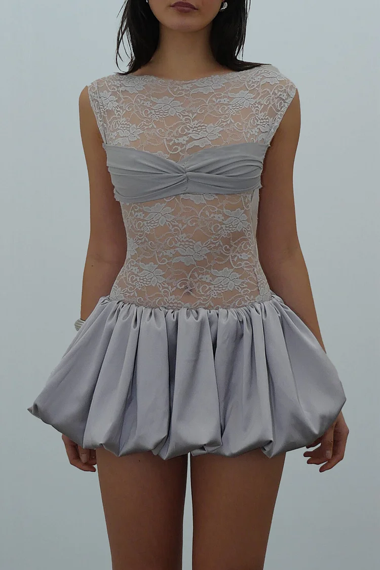 Floral Lace Patchwork Backless Bubbled Hem Mini Tank Dresses-Grey [Pre Order]