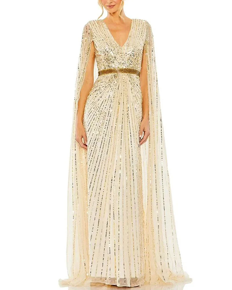 Embroidered sequin cape gown