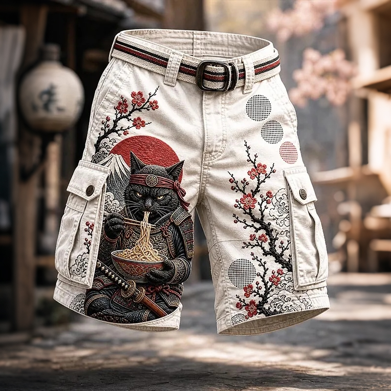Men's Samurai Cat Ramen Cherry Blossom Mt. Fuji Art Print Casual Shorts  artssus