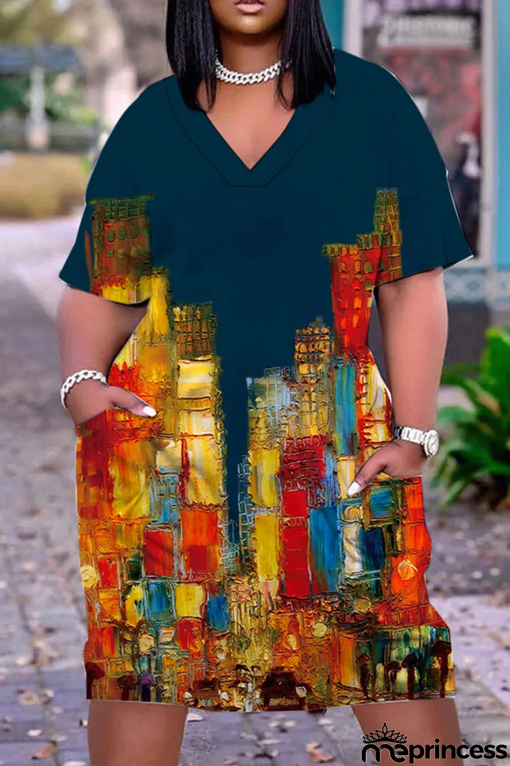 Orange Red Casual Print Patchwork Basic V Neck Short Sleeve Dress