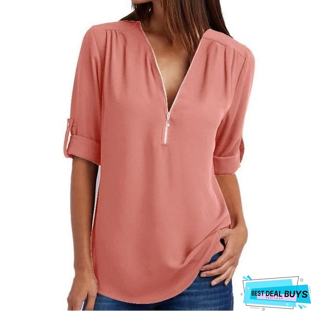 Zipper Short Sleeve Women Shirts Sexy V Neck Solid Casual Tee Shirts Tops Blouses Plus Size