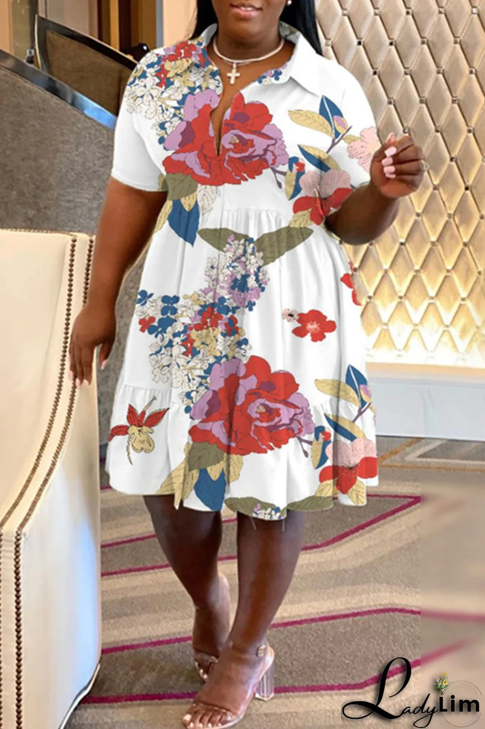 Purple Casual Print Patchwork Fold Turndown Collar A Line Plus Size Dresses