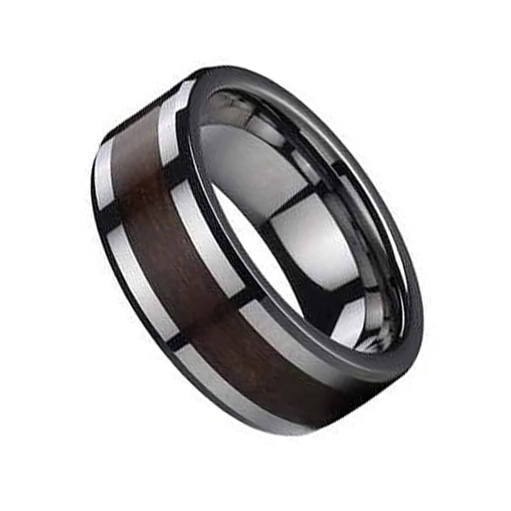 6MM 8MM Wood Inlay Flat Tungsten Carbide Polished Finish Men Wedding Bands