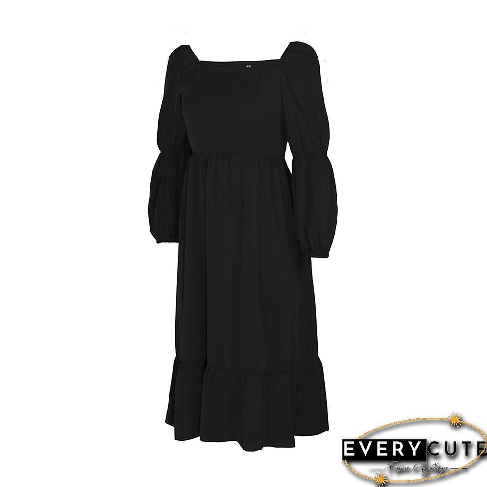 Black Square Neck Ruffle Detail Long Sleeve Dress