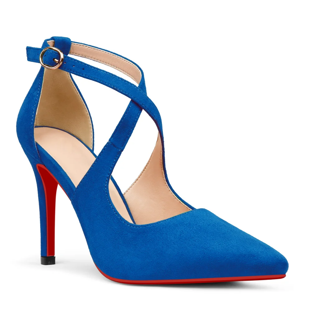 95mm Women's Pointed Toe Cross Strap Heels Ankle Strap Sandals Red Bottoms Pumps Shoes Suede-MERUMOTE