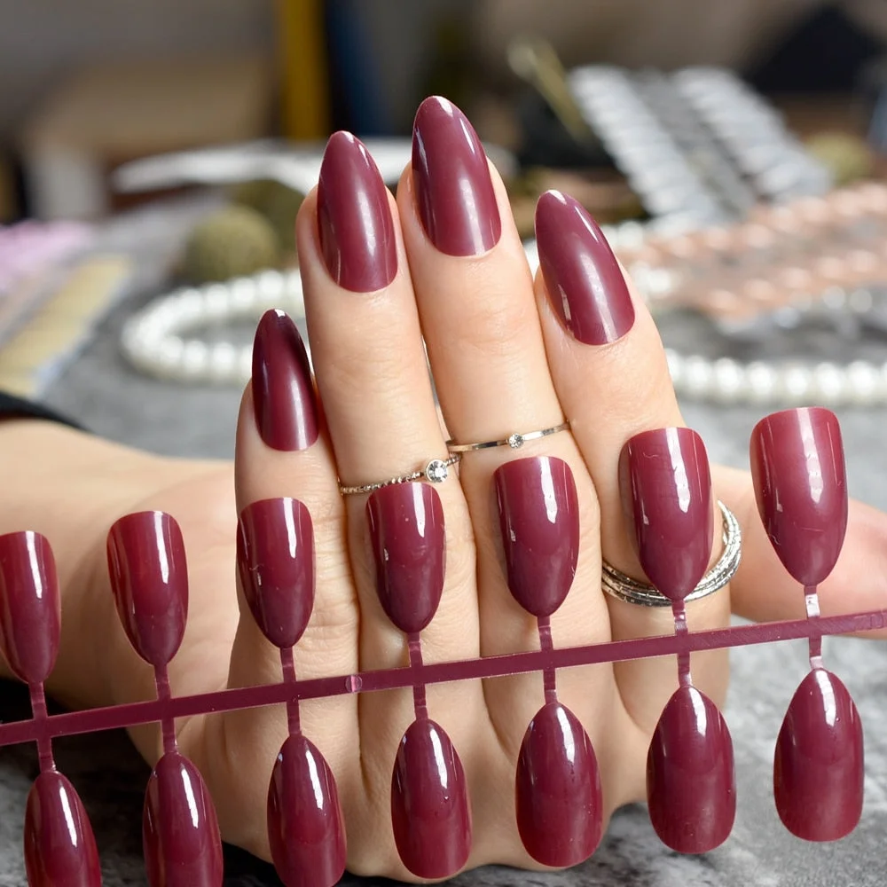 Dusty Cedar Fashion Stiletto False Nails Pointed Sharp Candy Red Fake Nails for daily wear On the Nail Tree 24pcs-Nail Inspo