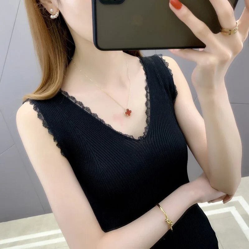 19862 make ice silk v-neck lace stitching knitting sleeveless vest 25