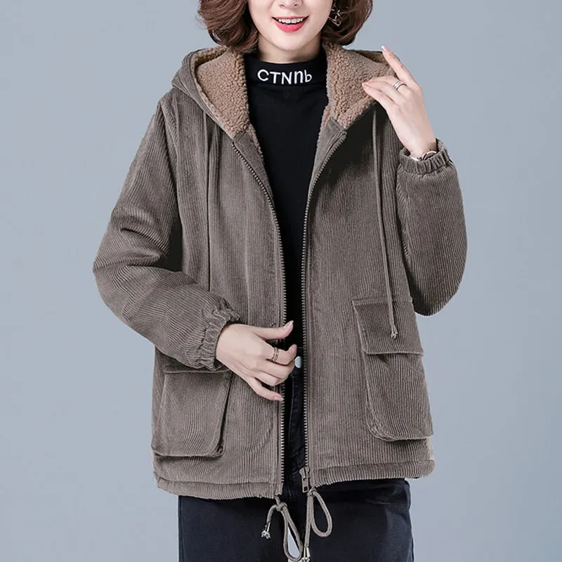Zoki Thick Women Corduroy Jacket Winter Cotton Vintage Loose Hooded Female Loose Plus Size Korean Coat Casual Warm Clothes 2021