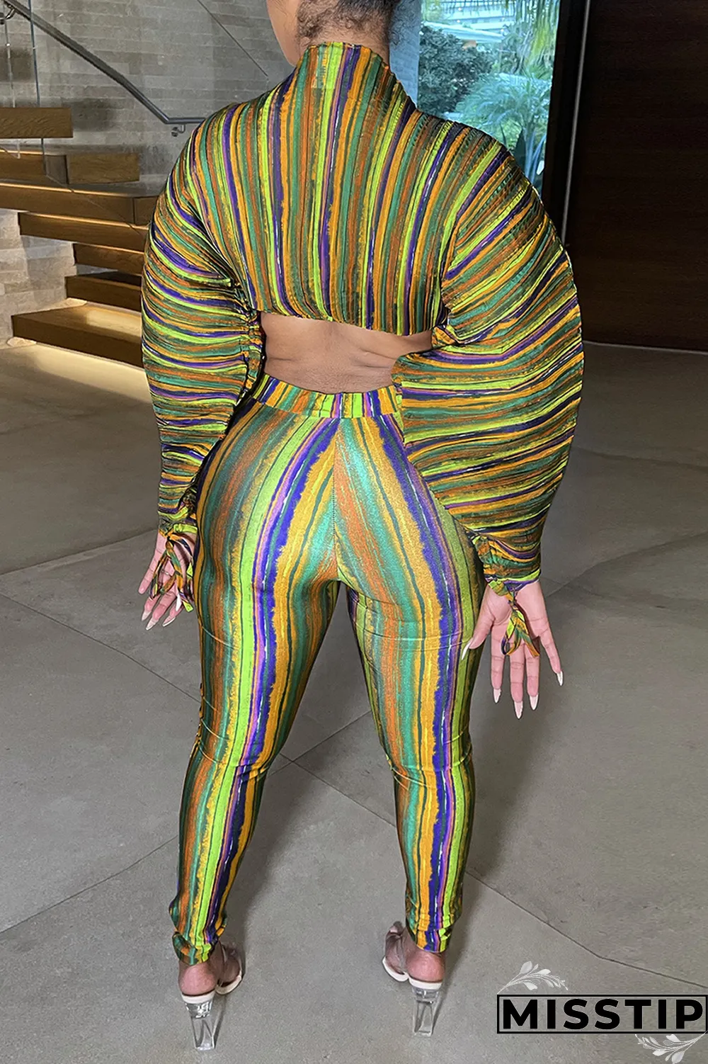 Lake Blue Sexy Striped Patchwork Half A Turtleneck Long Sleeve Two Pieces