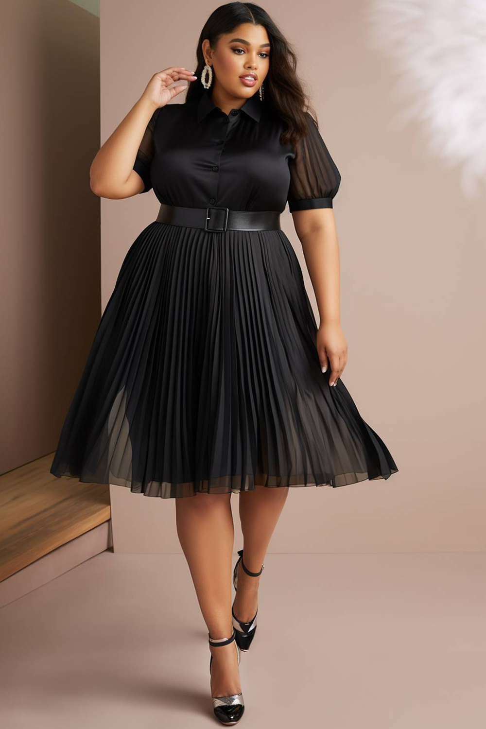Design Plus Size Semi Formal Elegant Black Spring Summer Shirt Collar Puff Sleeve Short Sleeve Pleated Midi Dresses [Pre-Order]