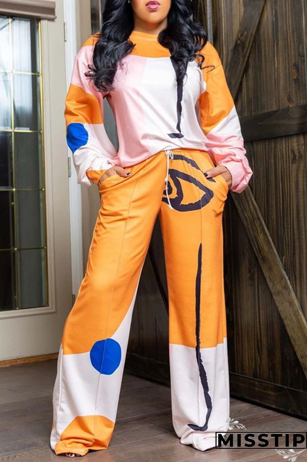 Orange Fashion Casual Print Basic O Neck Long Sleeve Two Pieces