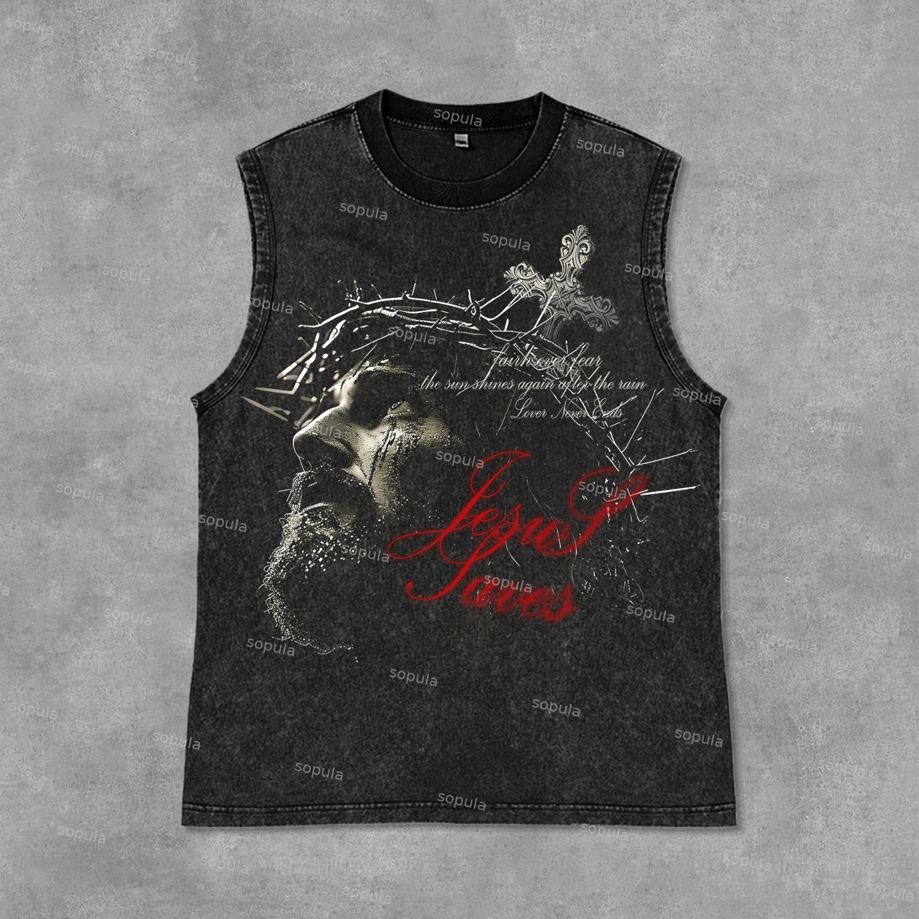 Sopula Retro Jesus Cross Faith Graphic Print Acid Washed Tank Top - SOPULA
