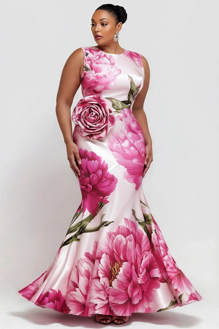 Xpluswear Design Plus Size Formal Elegant Pink Floral Round Neck Mermaid 3D Satin Maxi Dresses [Pre-Order] 2024 - Xpluswear