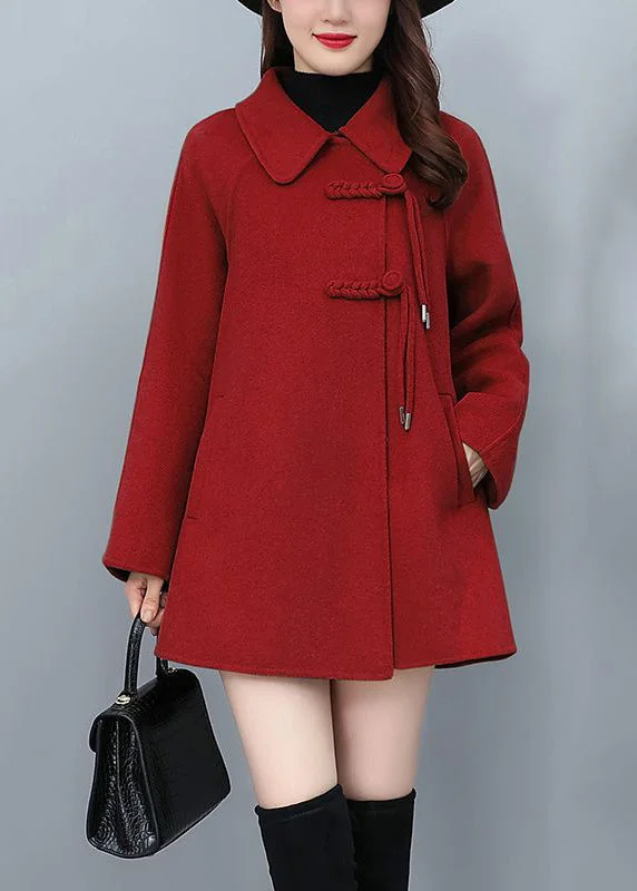 Red Oriental Woolen Jacket Tasseled Chinese Button Winter