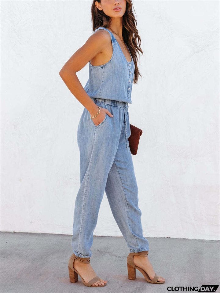Women's Trendy U Neck Sleeveless Elastic Waist Loose Denim Jumpsuits