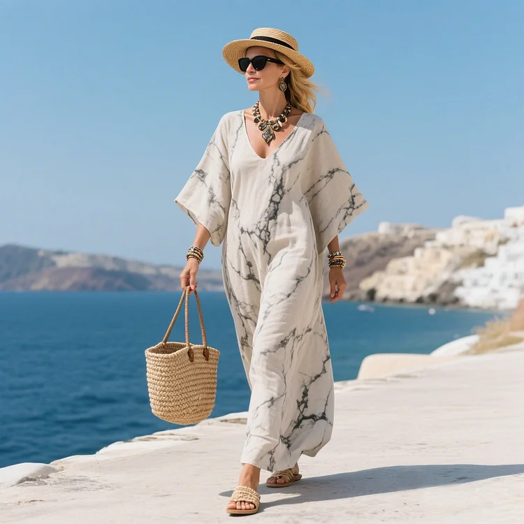 Vintage Abstract Print Long Sleeve Kaftan Dress