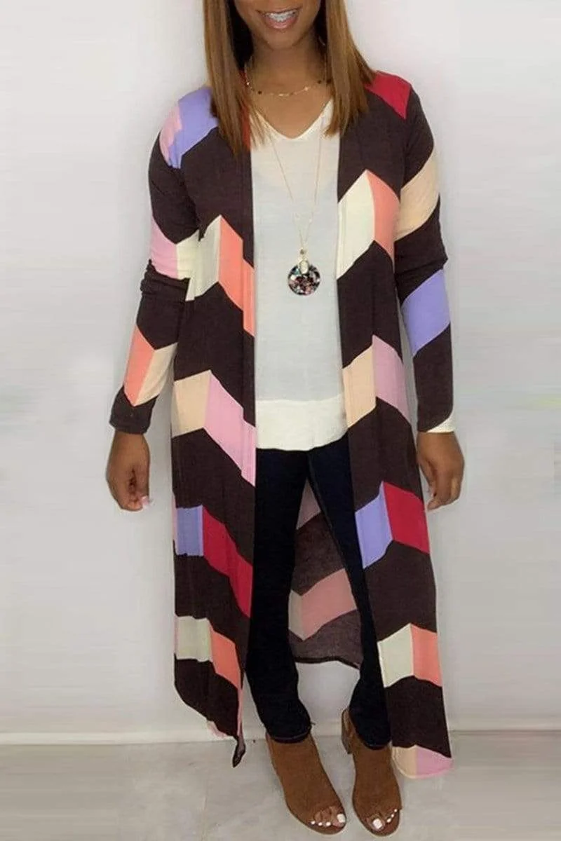 Fashion Color Block Loose Print Coat