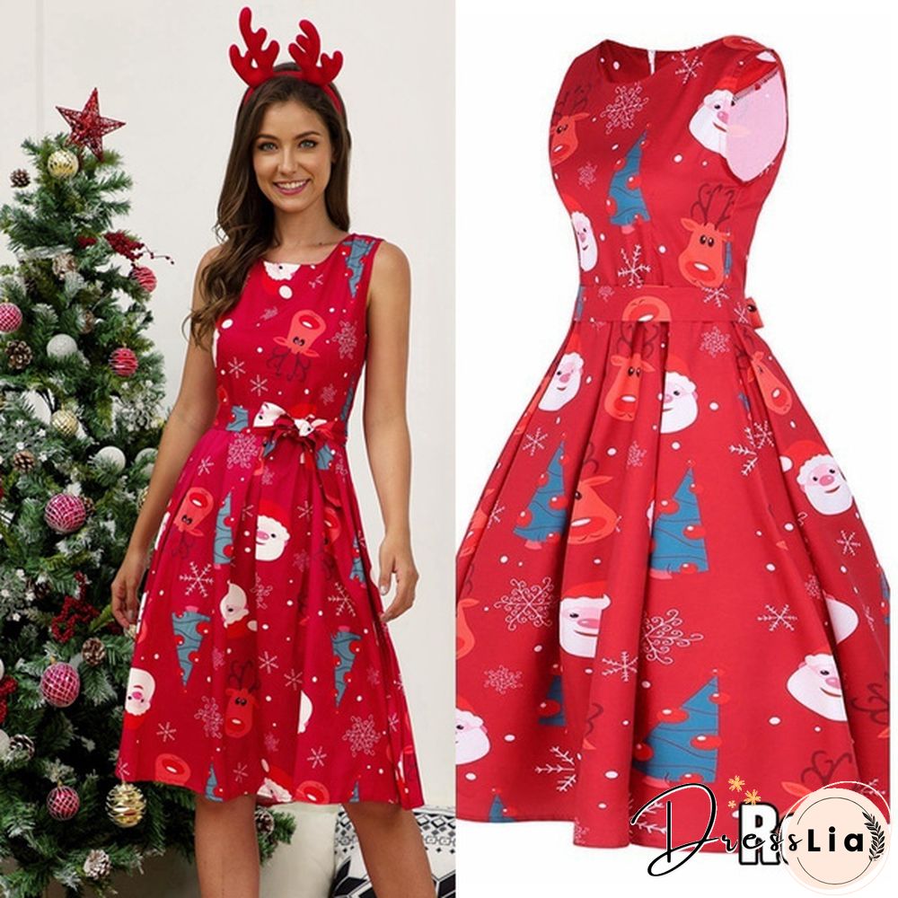 Womens Vintage Sleeveless Santa Christmas 1950s Retro Xmas Evening Prom Swing Dress
