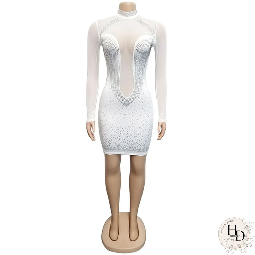 Women Sexy Night Club Dresses Bodycon Party Dress Bling Bling Rhinestone Zipper Sheer Long Sleeve Mini Dress White Black Blue Pink