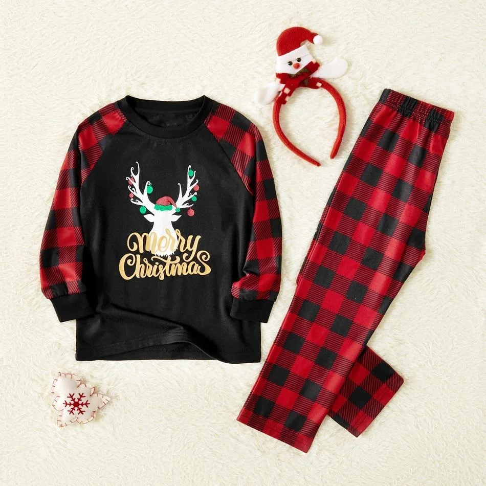 Family Matching Gold Reindeer Merry Christmas Plaid Pajamas Set
