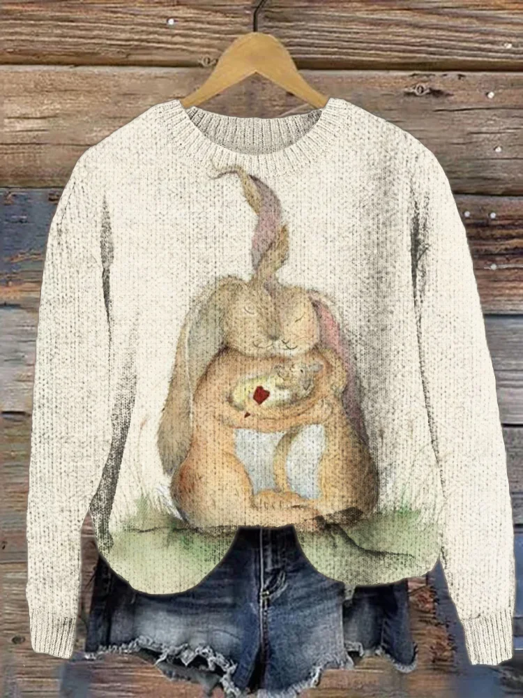VChics Love Home Bunny Print Cozy Knit Sweater