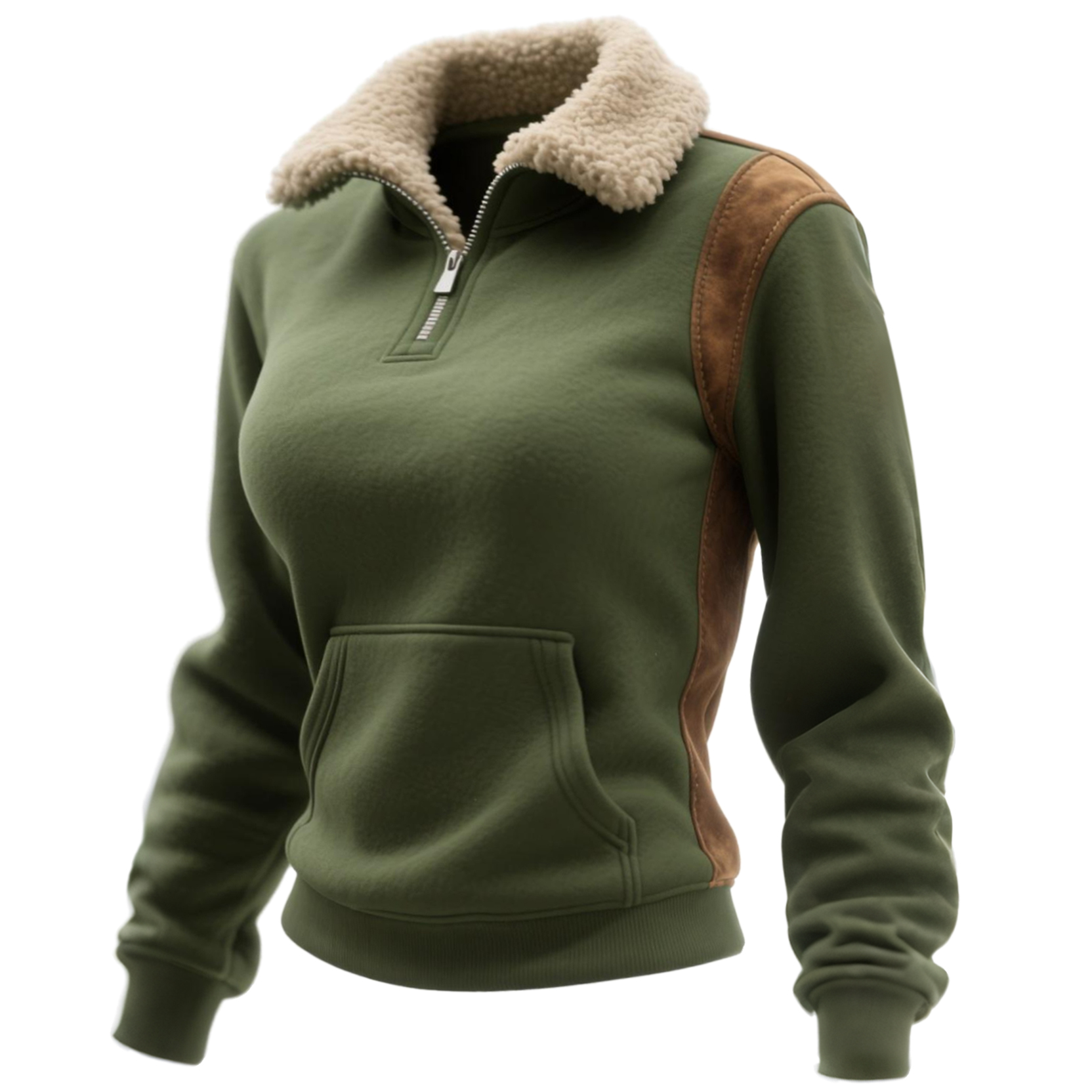  Cozy Olive Green Half-Zip Pullover with Faux Fur Collar - Perfect for Casual and Outdoor Wear