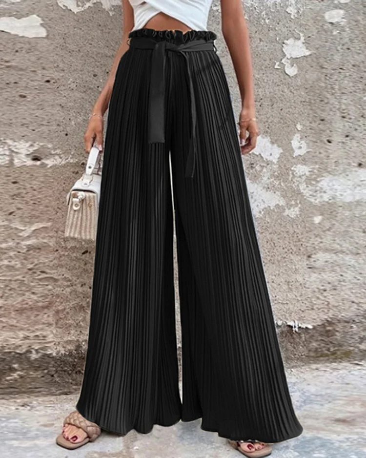 Pleated Solid Color Strappy Wide-leg Pants