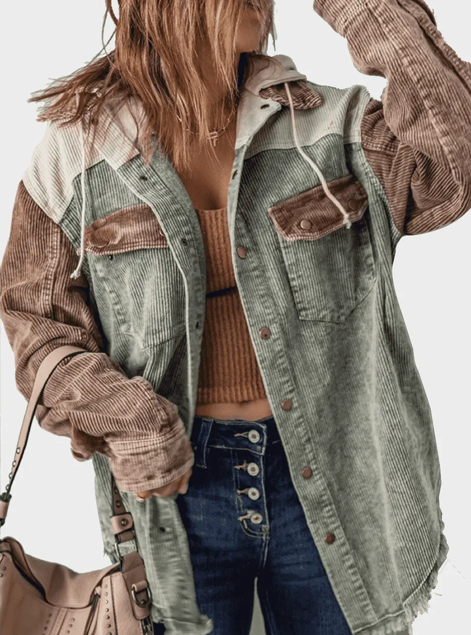  thdmladies Corduroy Patchwork Hooded Pocket Jacket thedmladies