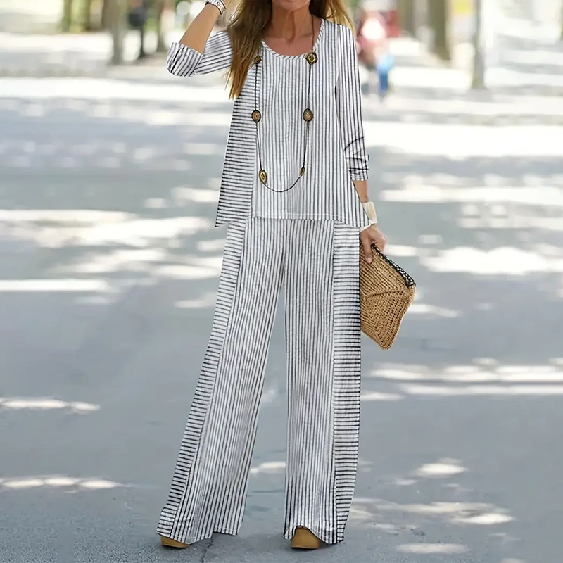 Comstylish Fashion Striped Printed Round Neck T-Shirt Wide-Leg Pants Two-Piece Suit
